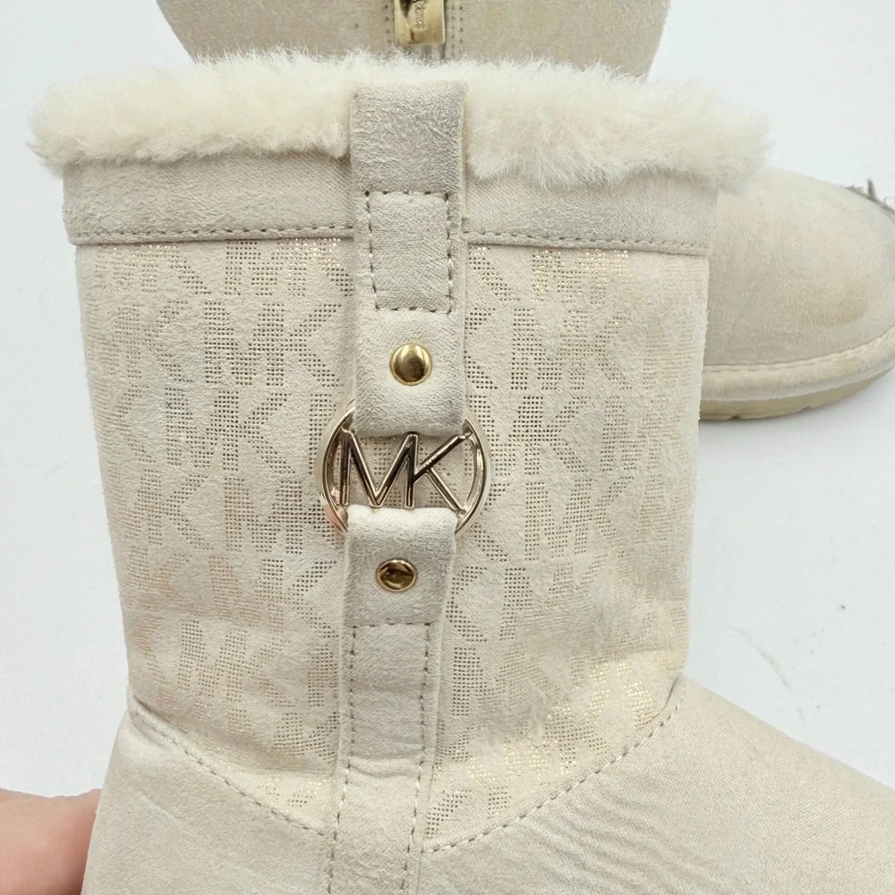 Michael Kors Kids MK Logo Snow Boots Faux Fur‎ Lined Zip Cream Size 11